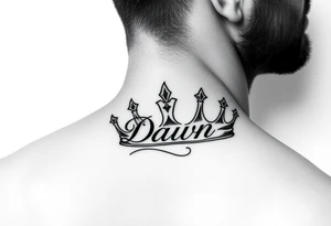 Crown with name Dawn on side of neck tattoo idea