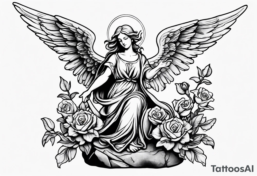 Simple Angel statue stood on a rock with daffodils and roses wrapped around its legs tattoo idea