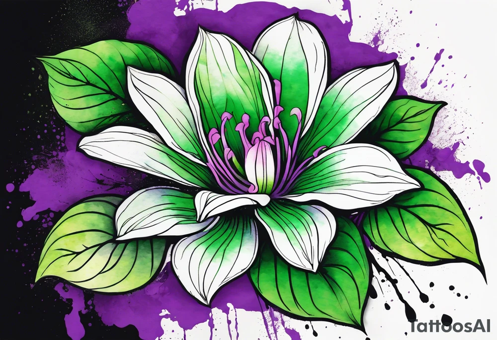 A mystical outline of a green with a bit of purple rio dipladenia flower and a green and purple watercolor splash in the background tattoo idea