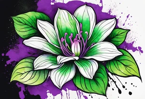 A mystical outline of a green with a bit of purple rio dipladenia flower and a green and purple watercolor splash in the background tattoo idea