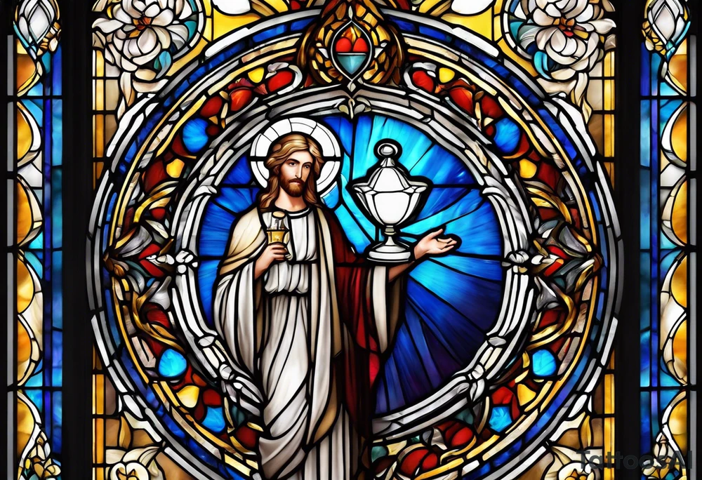 holy saint stained glass holding a chalice tattoo idea