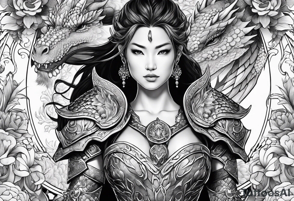 beautiful warrior woman wearing dragon armor and a floral background and a dragon tattoo idea