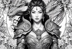 beautiful warrior woman wearing dragon armor and a floral background and a dragon tattoo idea