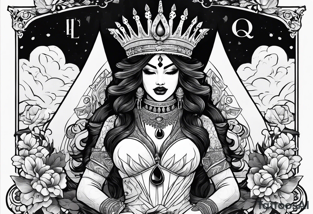 Latina Queen ahegao, drooling, happy, Spade Symbol with letter Q in the center of the spade framed, surrounded by whitespace tattoo idea