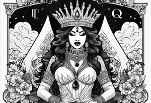 Latina Queen ahegao, drooling, happy, Spade Symbol with letter Q in the center of the spade framed, surrounded by whitespace tattoo idea