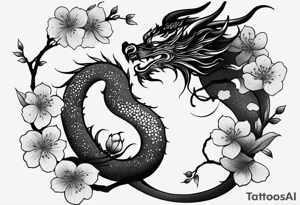 dragon, japanese, female, cherry blossoms, vines, elegant, minimalist, sleek tattoo idea