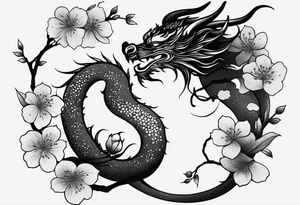 dragon, japanese, female, cherry blossoms, vines, elegant, minimalist, sleek tattoo idea