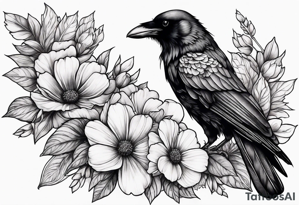 crow and flowers half sleeve tattoo idea