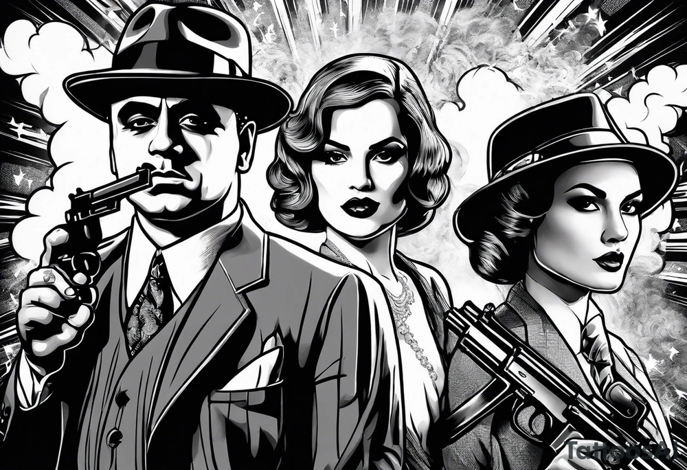 group of gangsters including Al Capone and bonnie and Clyde with machine guns surrounded by smoke and fire tattoo idea