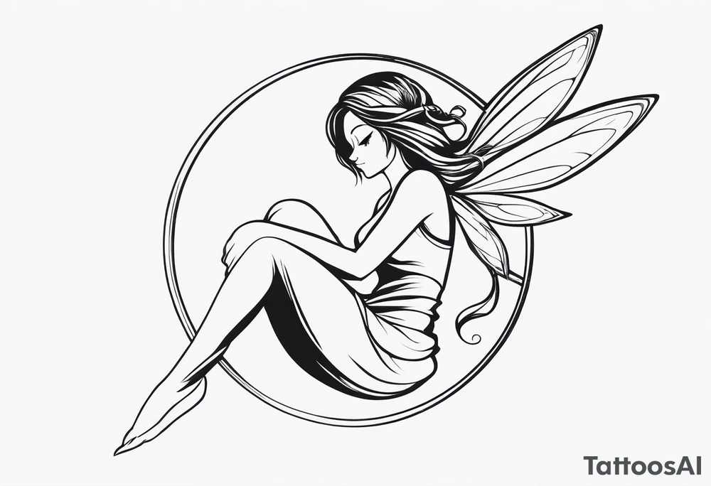 Minimalistic, monochromatic fairy with a tail flying to the left in a fetal position, leaning and looking in the same direction, with visible hands, embodying the 'Fairy Tail' logo aesthetic. tattoo idea