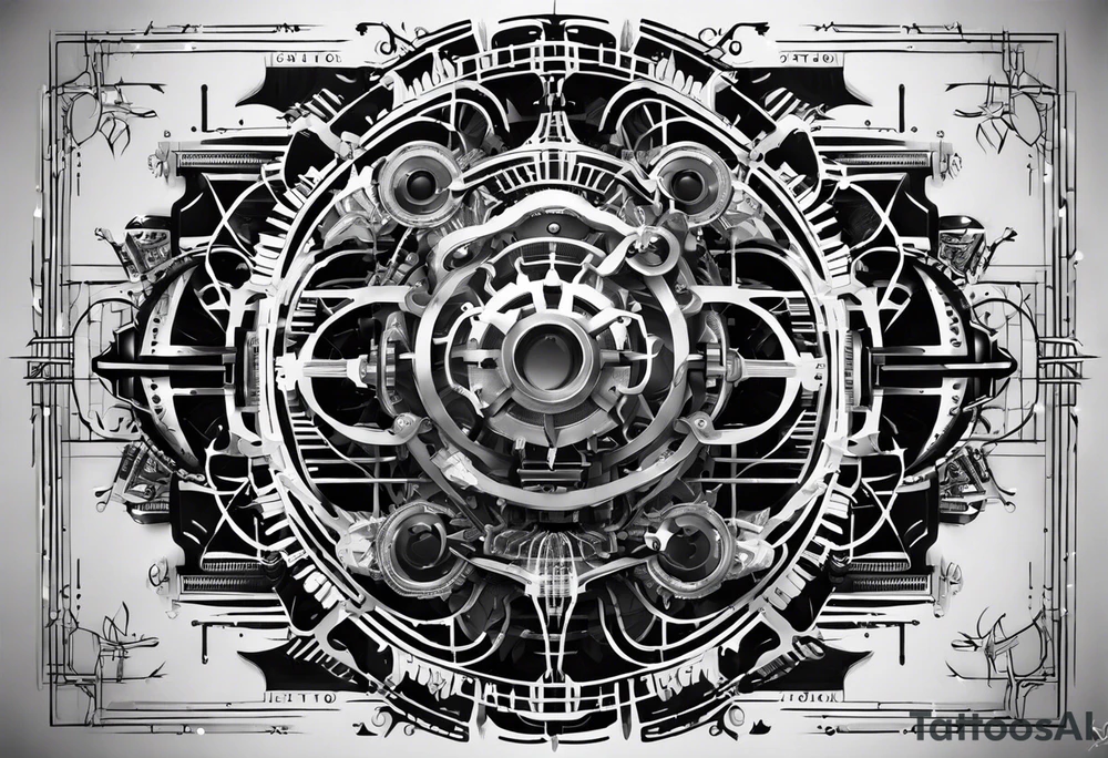 Design a tattoo that combines the elegant entanglement symbol from quantum mechanics with intricate robotic circuitry. The entanglement lines should intertwine seamlessly with the mechanical gears, symbolizing the fusion of cutting-edge technology and quantum physics tattoo idea