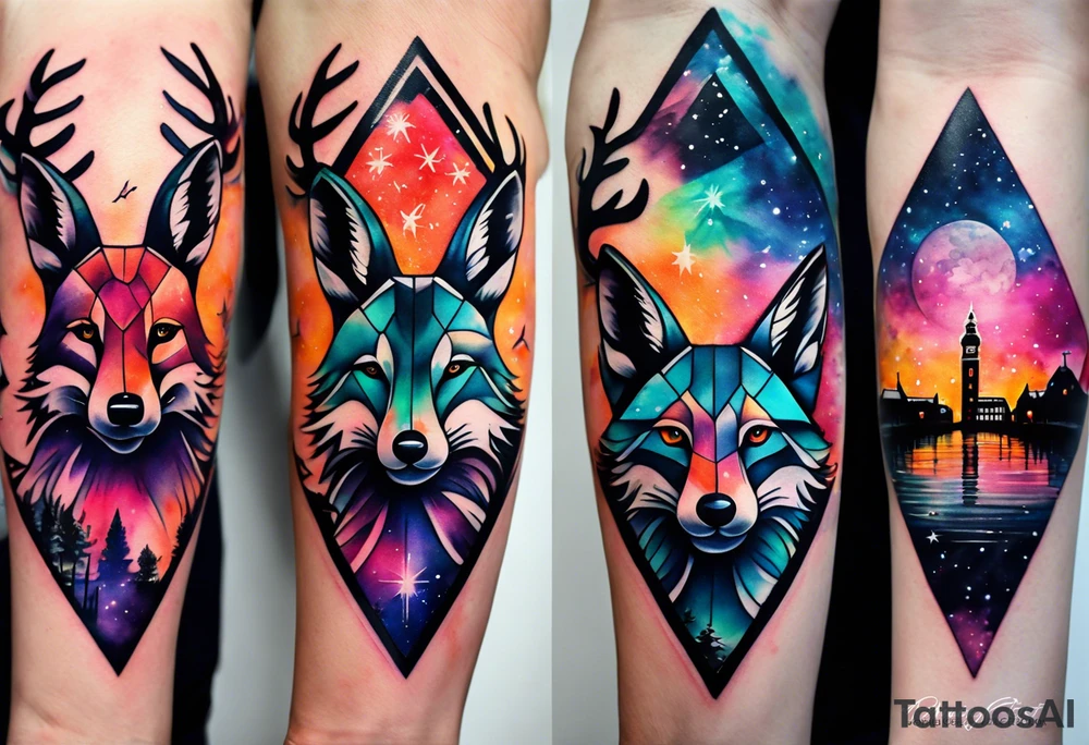 Arm tattoo, Animals, birds, stag, fox, watercolour of animals made from glass in Amsterdam featuring Amsterdam buildings and Amsterdam canal in galaxy colours featuring pineapples as space colours, galaxy colours, night sky, pineapples tattoo idea