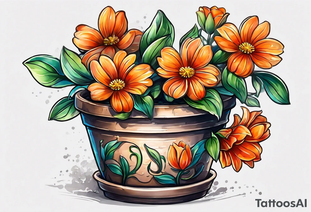 I would like a tattoo of a small-sized flower pot. Coming out of the flower pot should be a small orange flower that has NOT BLOOMED YET. tattoo idea