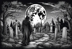 Grim reaper walking through an old cemetery with a full moon tattoo idea
