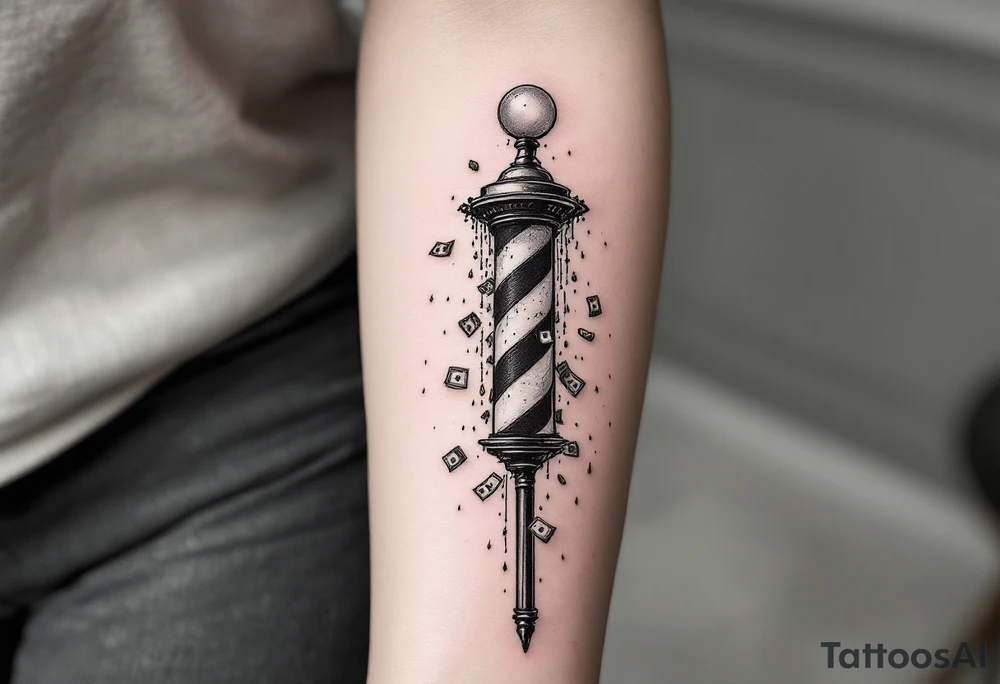 Barber pole with raining money tattoo idea