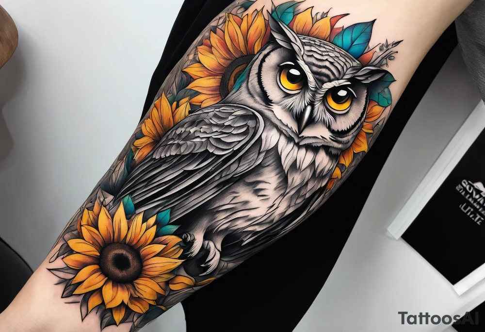 Arm sleeve with colorful sunflowers and an owl tattoo idea