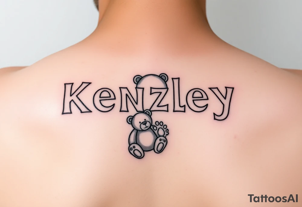 Kenzley in baby letter blocks, girl, teddy bear, baby foot print tattoo idea