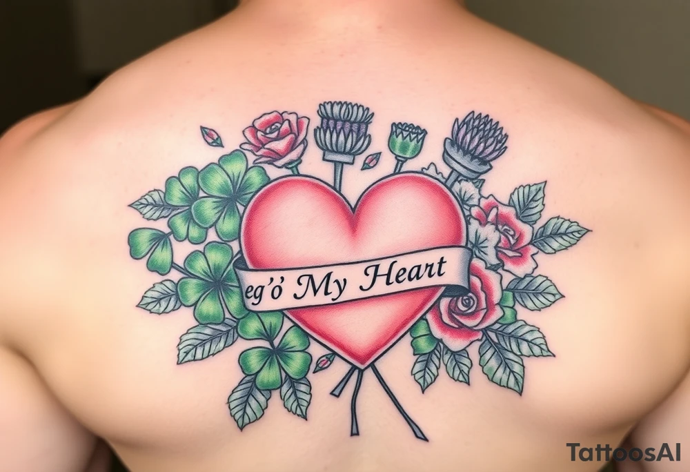 Bunch of Green shamrocks & a few purple thistles and a few red roses with a big Pink heart and a banner across the heart that says " Peg 'o My Heart" tattoo idea