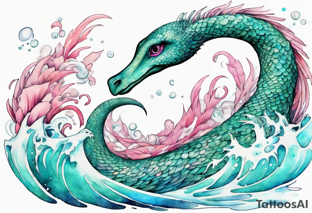 a beautiful feathered Nessie with turquoise and pink scales emerging from the waves tattoo idea