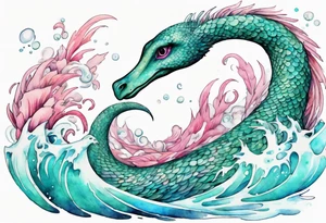 a beautiful feathered Nessie with turquoise and pink scales emerging from the waves tattoo idea