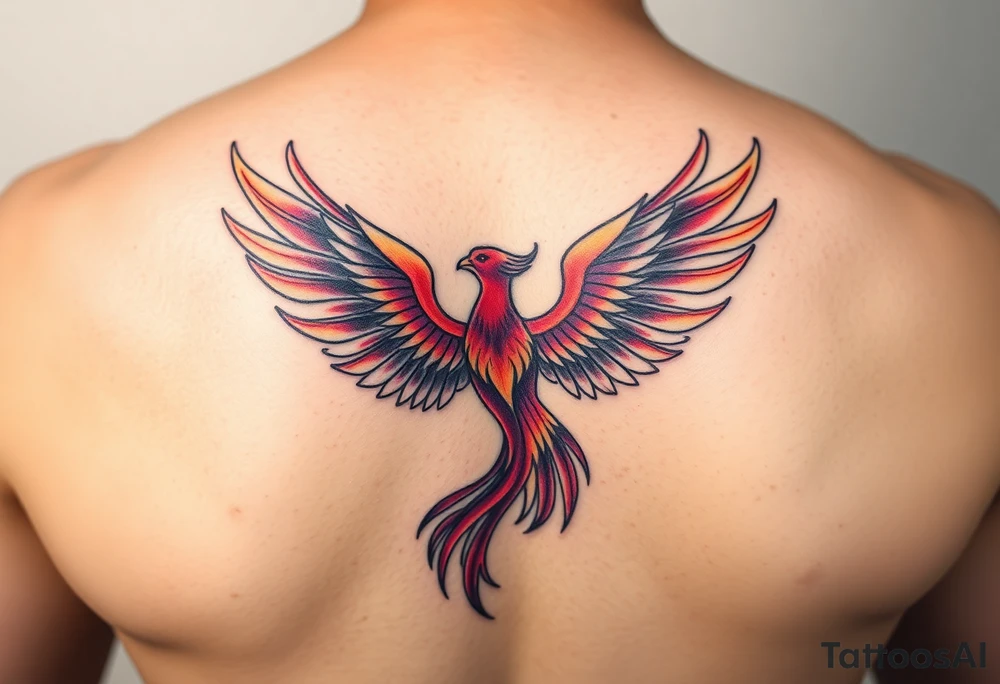 Phoenix with purple red and yellow color located on the lower back tattoo idea