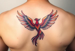 Phoenix with purple red and yellow color located on the lower back tattoo idea