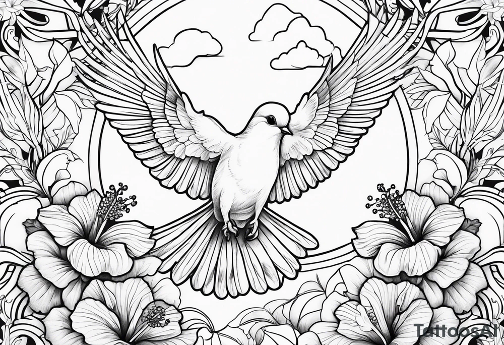 dove, clouds, Hibiscus tattoo idea