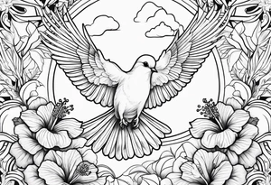 dove, clouds, Hibiscus tattoo idea