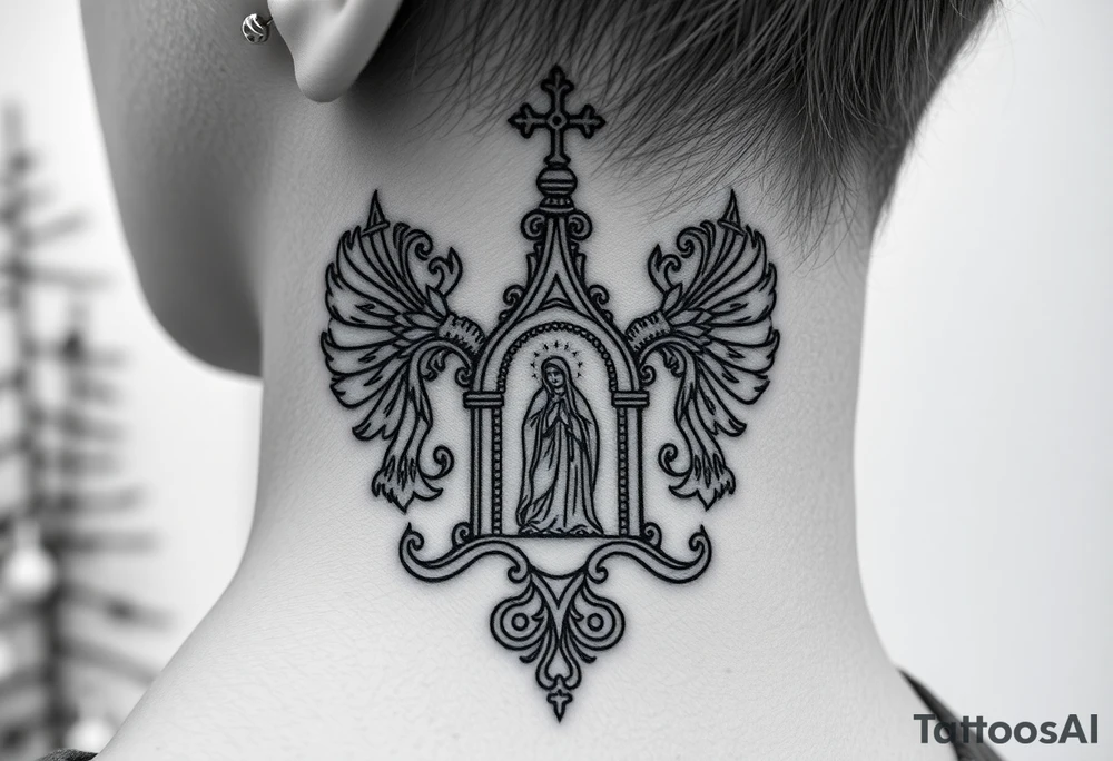 russian coat arms traditional christian orthodox cross with a virgin mary stood in the entrance of a russian orthodox dome church on the side of the neck in a wilderness setting tattoo idea