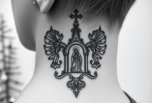 russian coat arms traditional christian orthodox cross with a virgin mary stood in the entrance of a russian orthodox dome church on the side of the neck in a wilderness setting tattoo idea