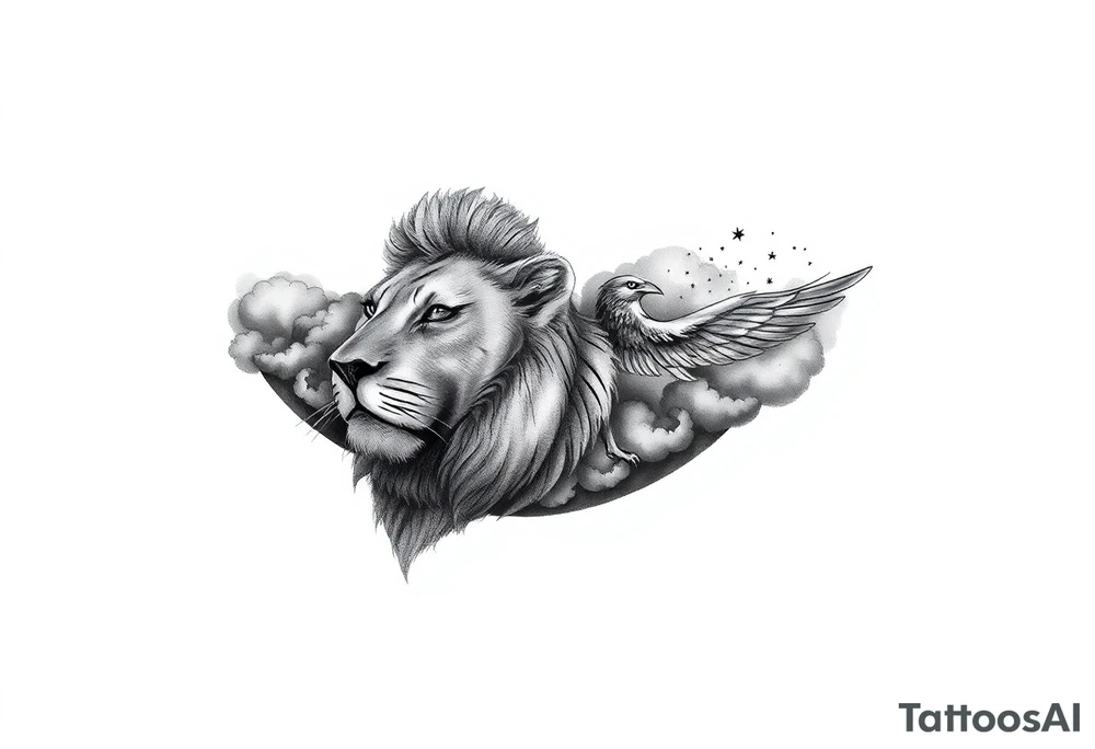 A full sleeve tattoo in black and grey realism, with a majestic lion’s face as the main focal point on the outer forearm. A subtle, ethereal phoenix rising through smoke and ash blends upward toward the upper arm. The background fades into a dreamy night sky with faint stars and the Leo constellation subtly woven in. Incorporate fine-line details and smooth shading to keep it soft and not overly bold. Avoid harsh outlines. Include natural elements like wisps of clouds or faint leaves to tie the design together organically. tattoo idea
