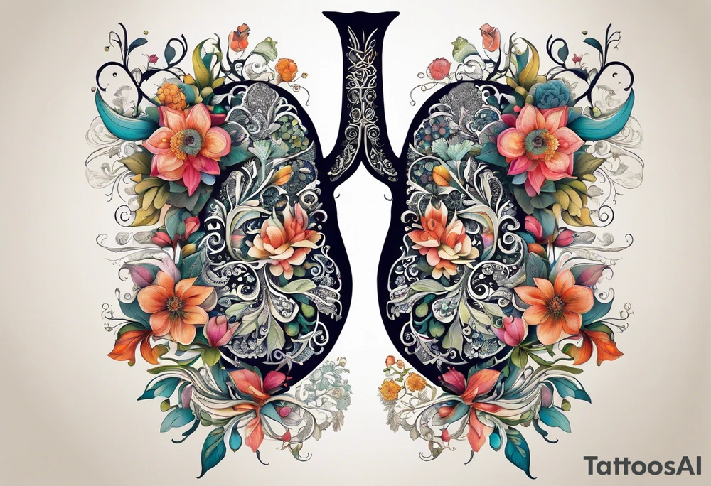 intricate and artistic arrangement of flowers and ornamental patterns that come together to form the shape of human lungs. The design should have a balance of delicacy and detail, with vibrant floral elements seamlessly intertwining to mimic the structure of the lungs, including the bronchi branching into floral motifs. Incorporate subtle shading and depth to give the tattoo a dynamic and organic feel, while maintaining elegance and symmetry tattoo idea