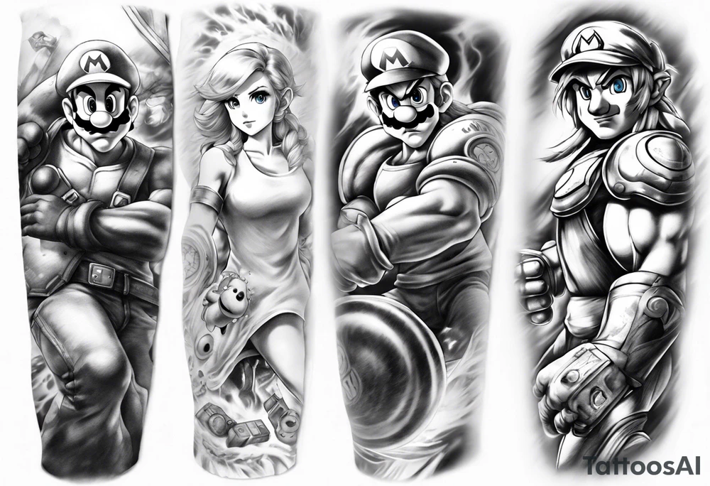 Arm sleeve with Mario, Samus Aran and Link in a realistic anime style tattoo idea