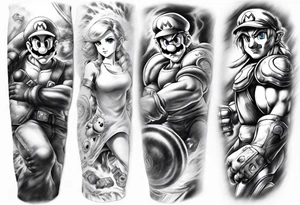 Arm sleeve with Mario, Samus Aran and Link in a realistic anime style tattoo idea