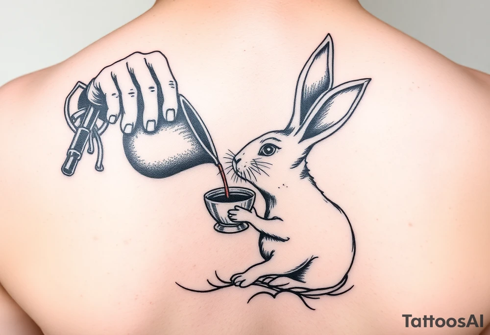 The mad hatter pouring a cup if tea into the white rabbits head tattoo idea