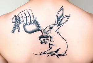 The mad hatter pouring a cup if tea into the white rabbits head tattoo idea