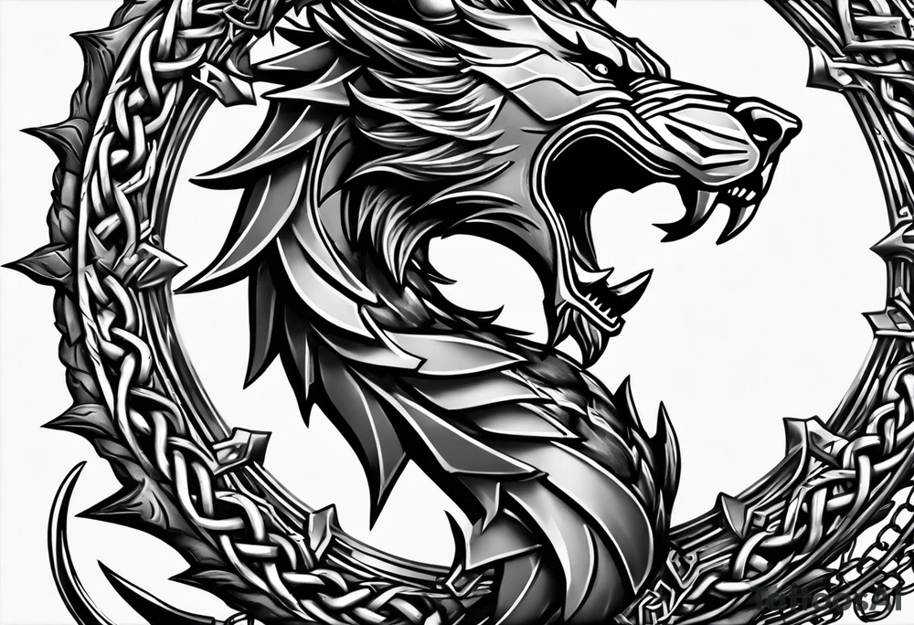 Valhalla sword shield dragon axe Valknut barbed wire chains lion tattoo idea