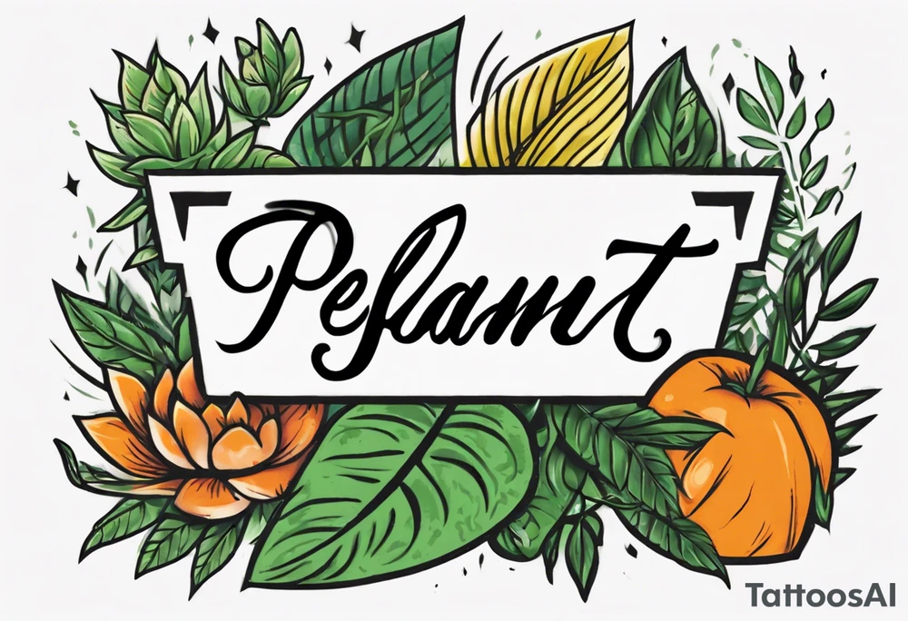 Arm band tattoo spelling ‘Plant Powered’ with plants tattoo idea