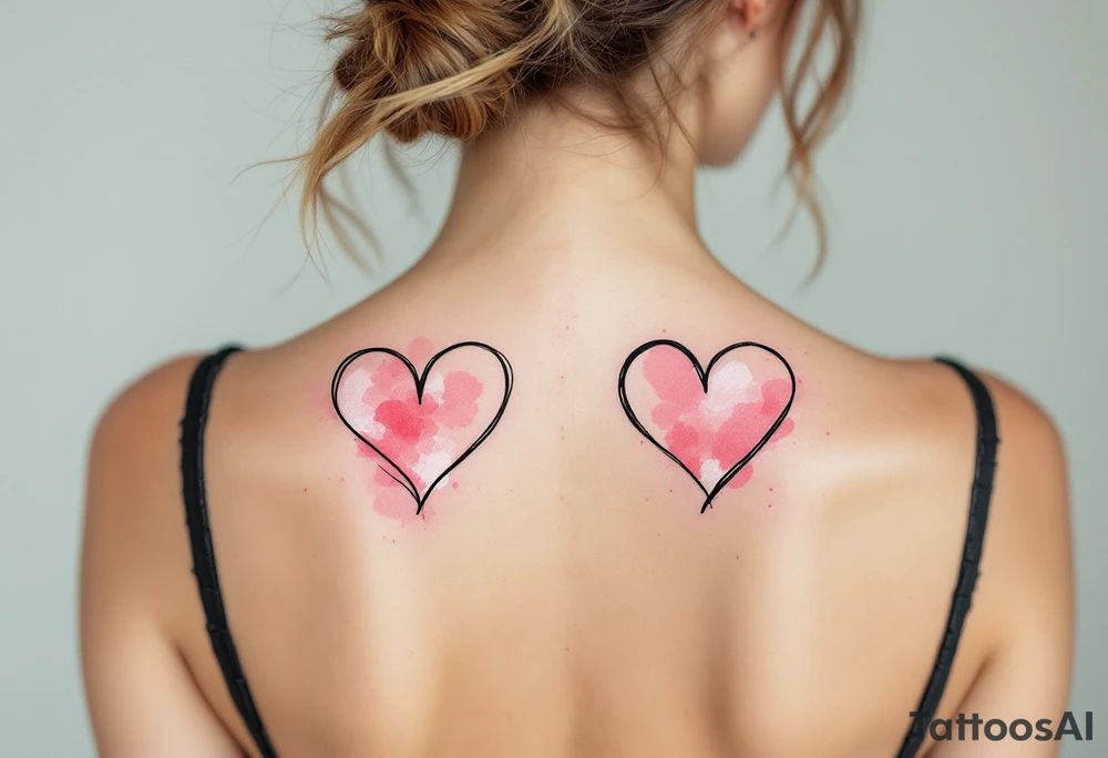 Heart outlines in black ink filled with soft pink watercolor splashes on opposite shoulders. tattoo idea