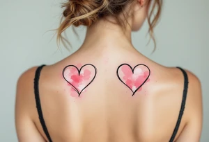 Heart outlines in black ink filled with soft pink watercolor splashes on opposite shoulders. tattoo idea