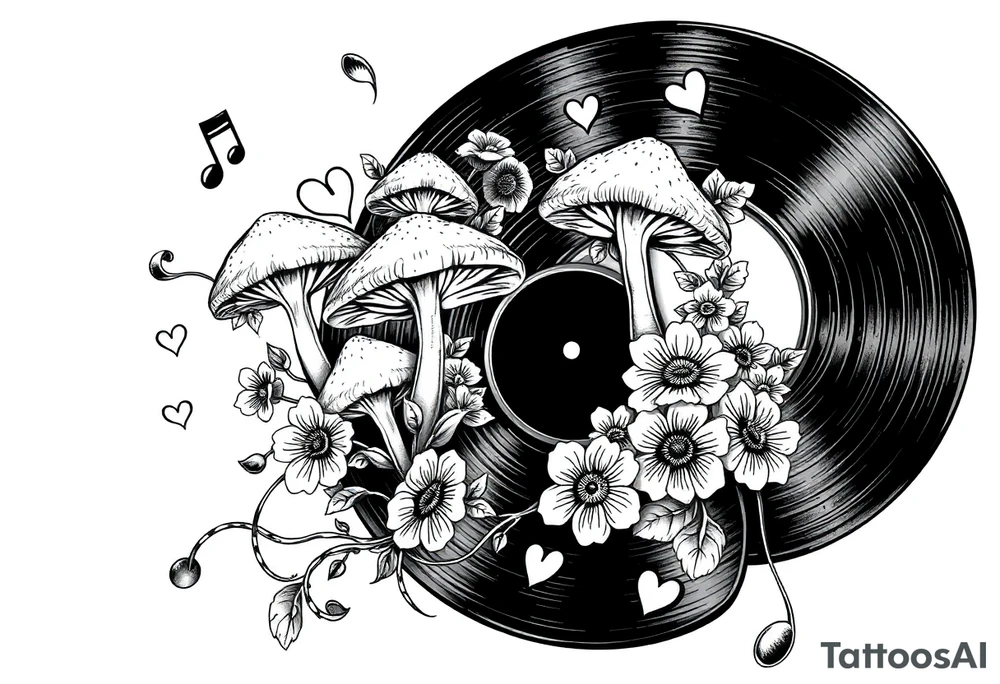 vinyl record with mushrooms, flowers, hearts, and music notes tattoo idea