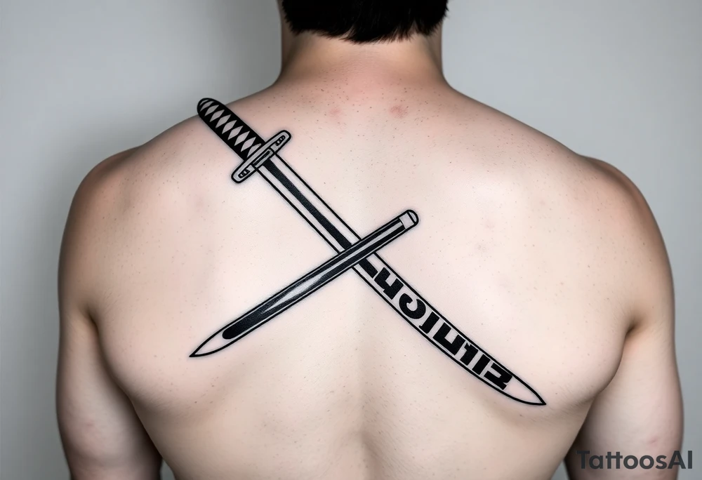 Katana with a black belt and fabled written in korean tattoo idea