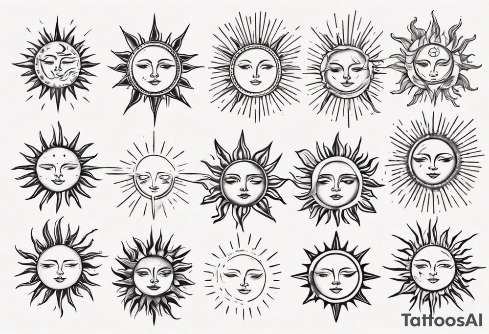 Linework of Sun with rays tattoo idea