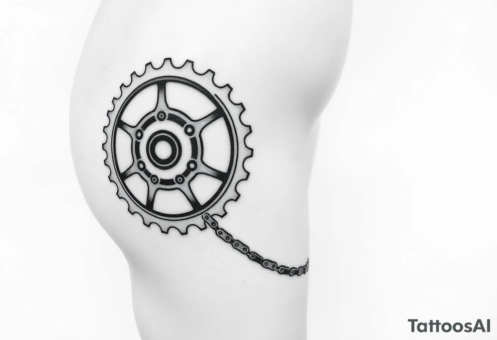 A large bicycle cog on my hip connected to a smaller bicycle cog on my knee via a bicycle chain and a smaller bicycle cog on my ankle connected to the bicycle cog on my knee using another bicycle chain tattoo idea