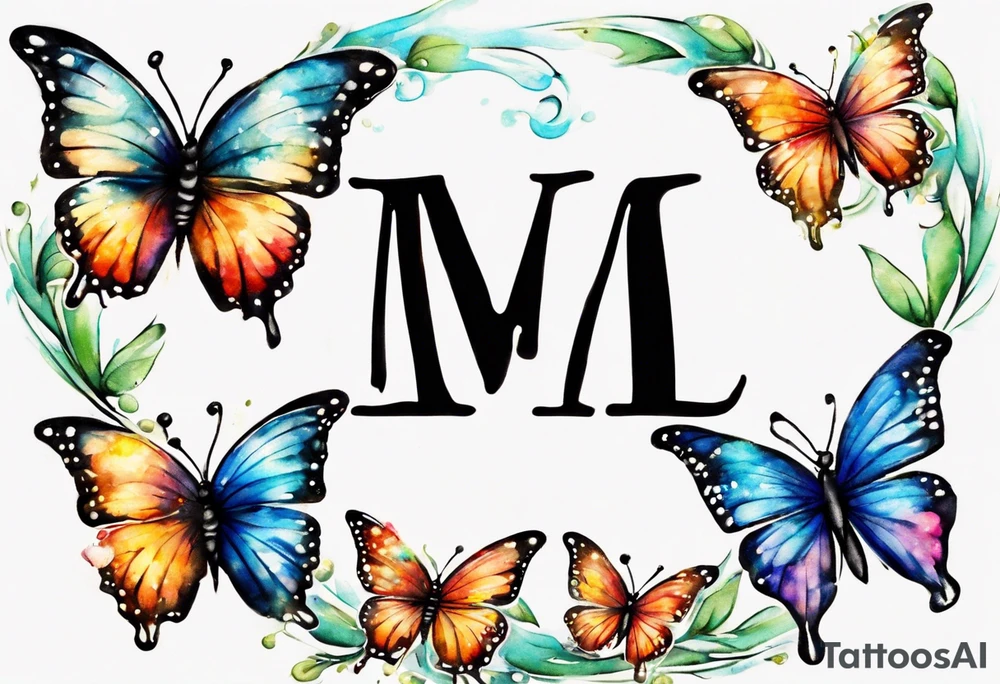 5 butterfly’s dad butterfly, with initial E. O mom butterfly with initial L. O daughter butterfly initial M 2nd daughter with initial M son butterfly initial R.o background the sky beautiful sky colors and grassy area. tattoo idea