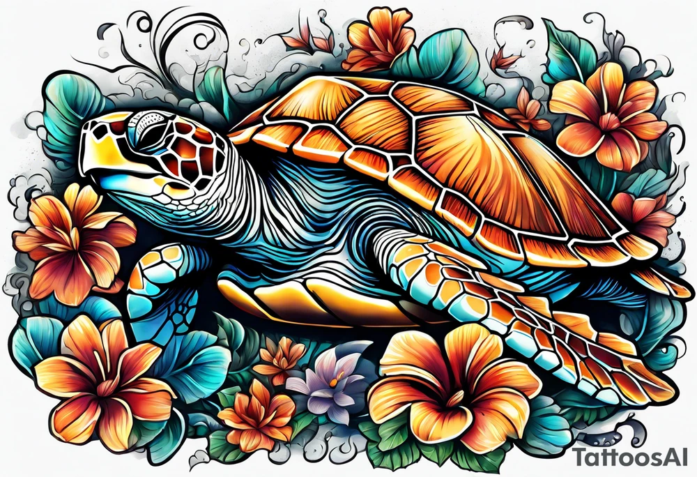 sea turtle, flower tattoo idea