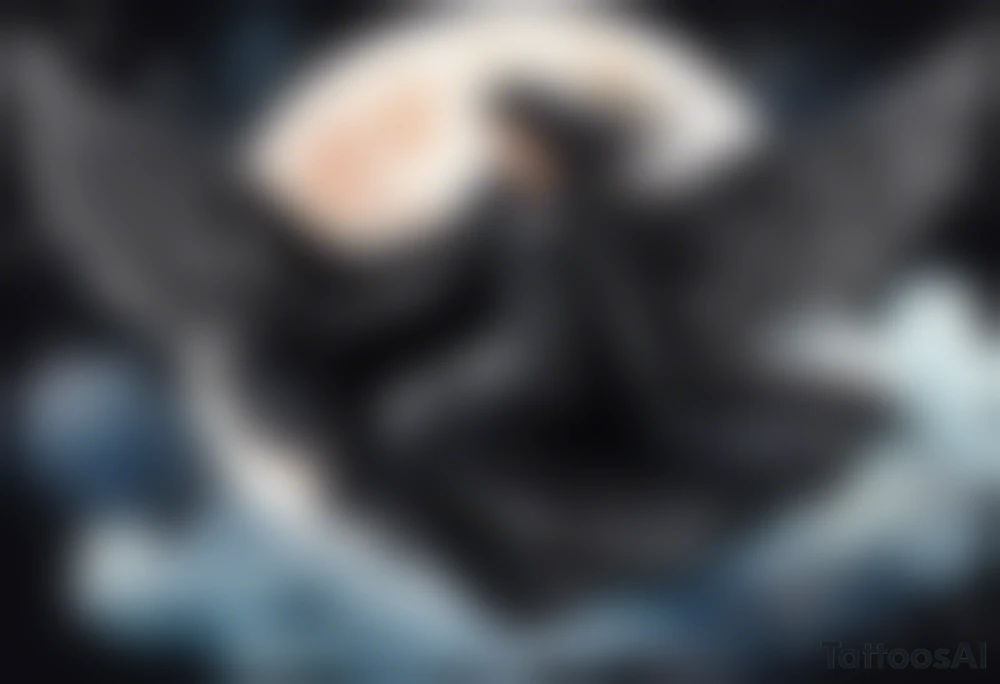 a beautiful 45 year old woman flying in the night sky with black wings, wearing a black cloak and black gloves, bare feet tattoo idea