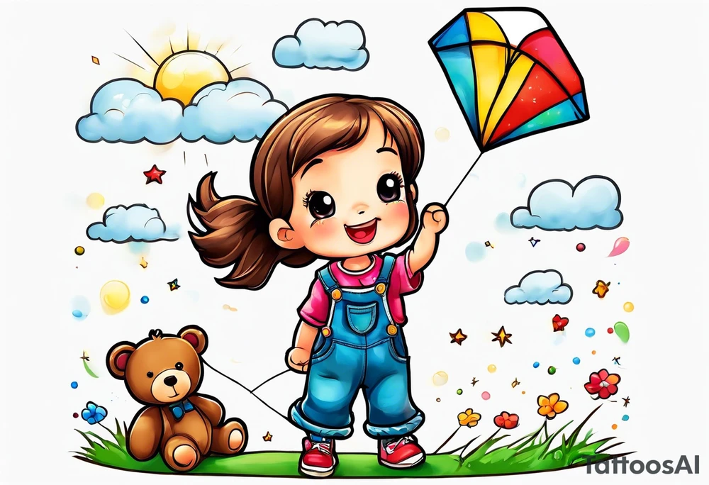 back image of a little girl flying a kite and a teddy bear who is wearing overalls, standing beside her tattoo idea