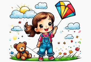 back image of a little girl flying a kite and a teddy bear who is wearing overalls, standing beside her tattoo idea