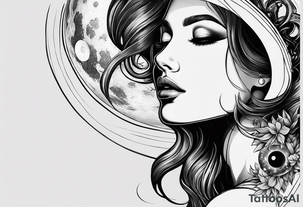 A surrealistic forarm tattoo featuring beautiful woman’s face holding a planet in her hand. Above her head is a man being lifted up into a black hole tattoo idea